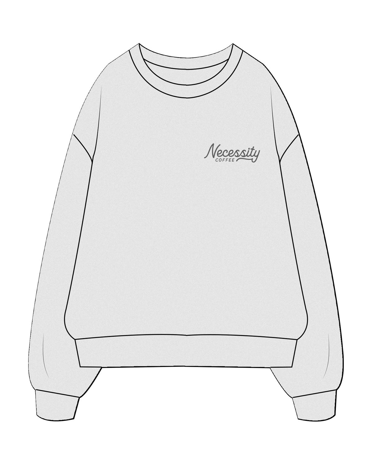 The Mens Classic Crewneck - White Heather - Necessity Coffee - Left Chest - Printed-  Charcoal