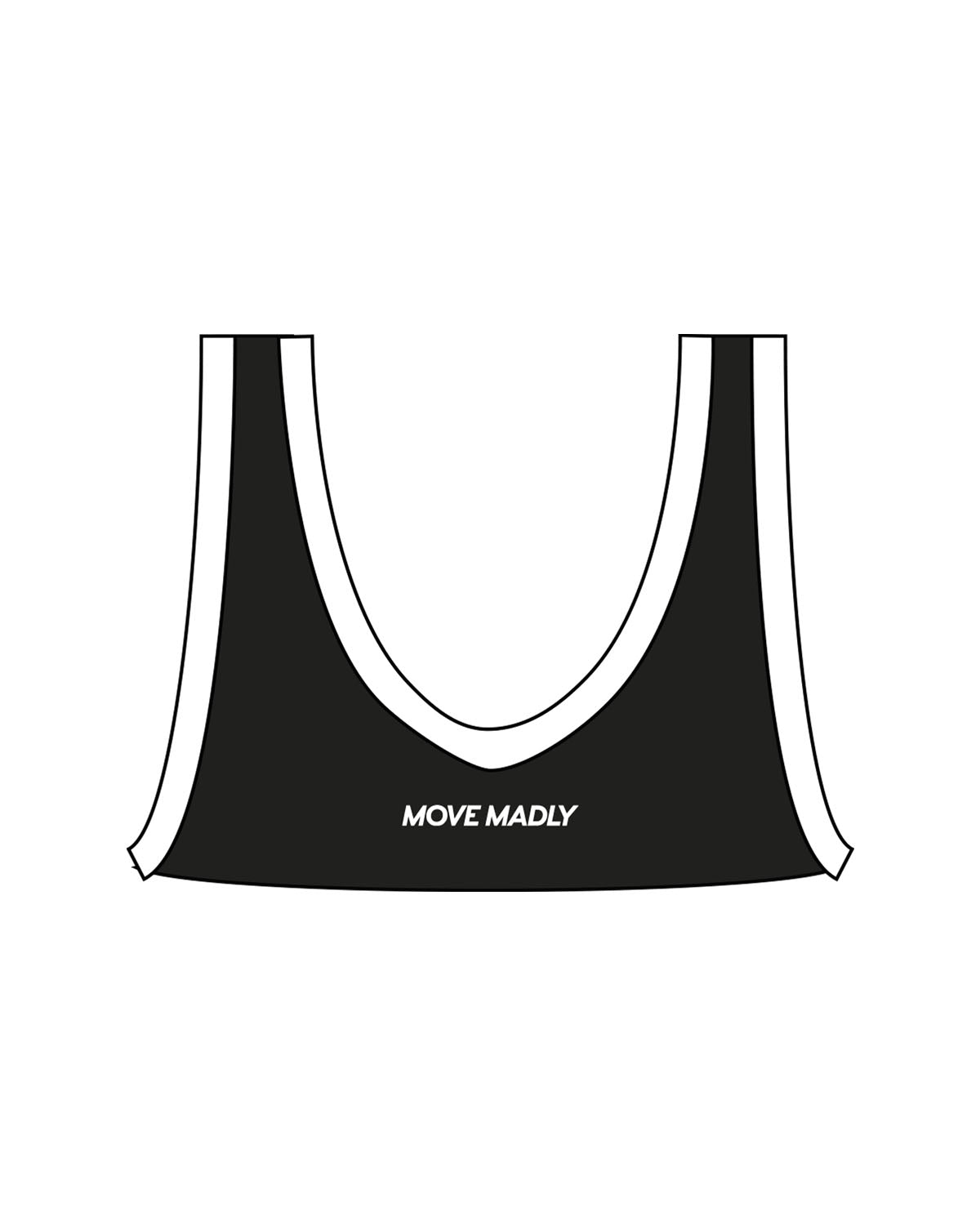 The Piped Scoop Sports Bra - Black - Move Madly - Center Chest - Printed - White