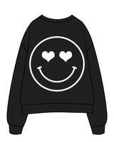The Womens Crewneck - Black - Pilates by Nix - Center Chest - Embroidered - Back Center - Smiley W/ Heart Eyes - Printed - White