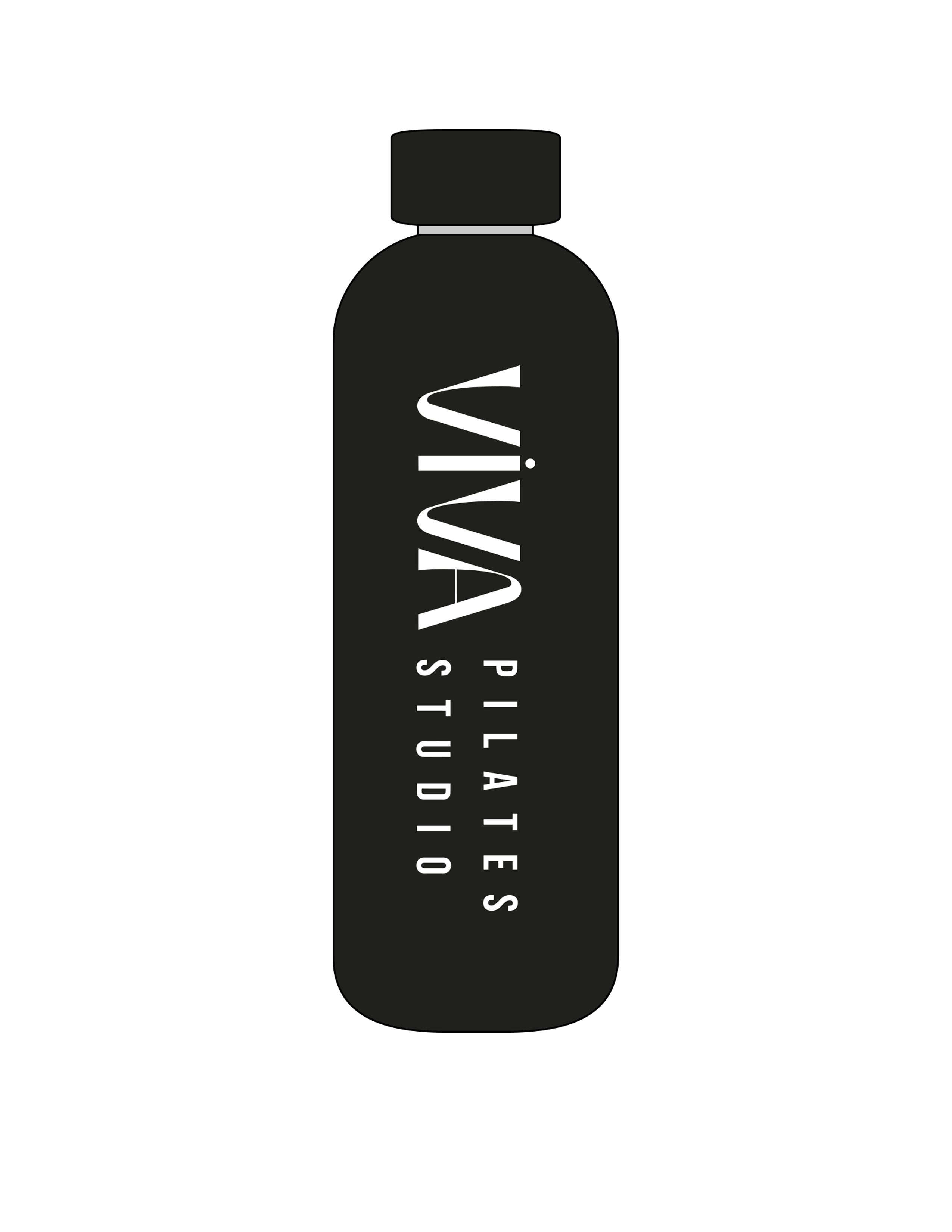 The Water Bottle - Black - Viva Pilates - Center Body Vertical - Printed - White