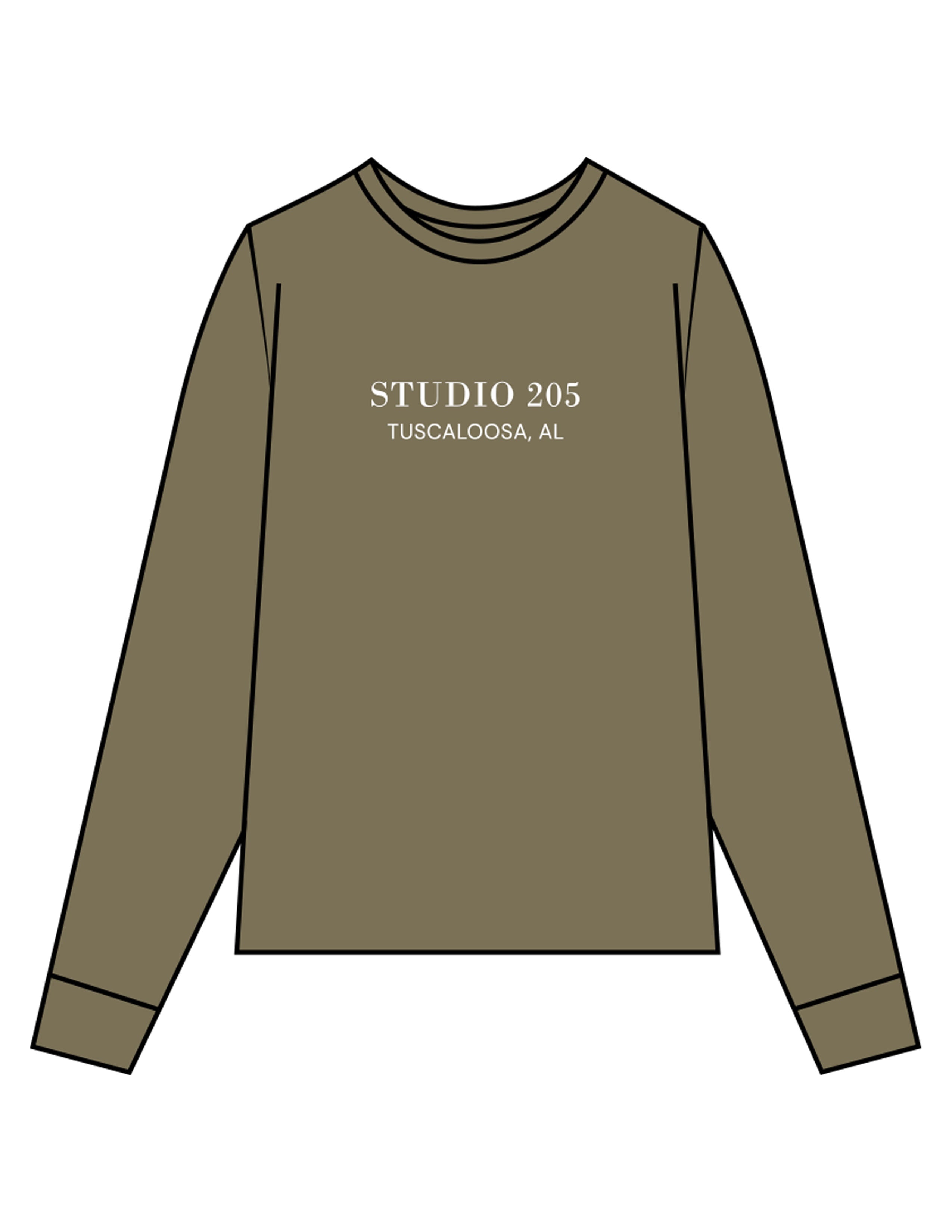 The Mens Long Sleeve - Army - Studio 205 - Chest Stacked & Back Stacked - Printed - White