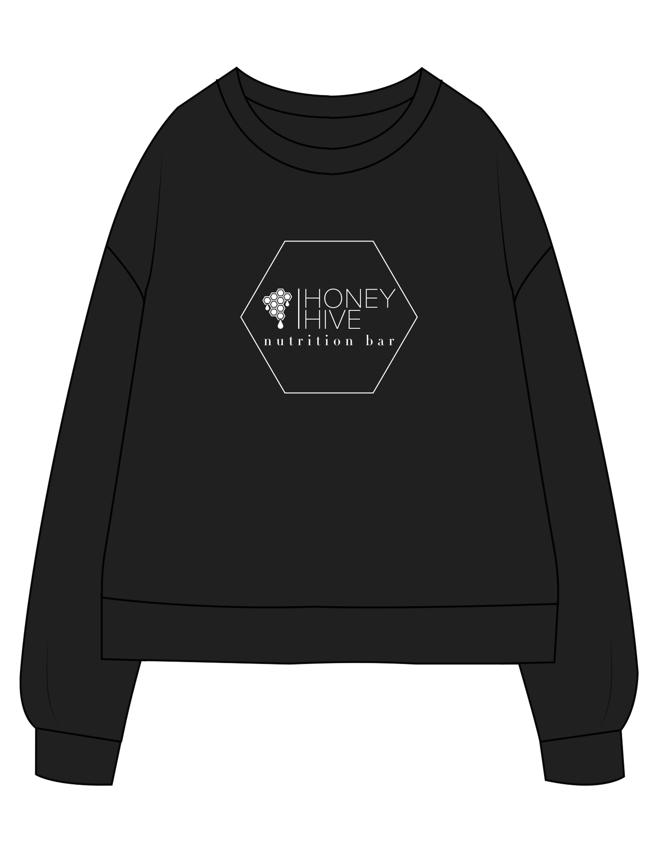 The Recycled Unisex Crewneck - Black - Honey Hive NB - Center Chest Hexagon & Back Stacked - Printed - White