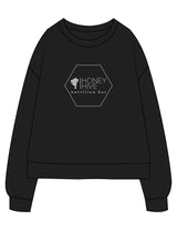 The Recycled Unisex Crewneck - Black - Honey Hive NB - Center Chest Hexagon & Back Stacked - Printed - White