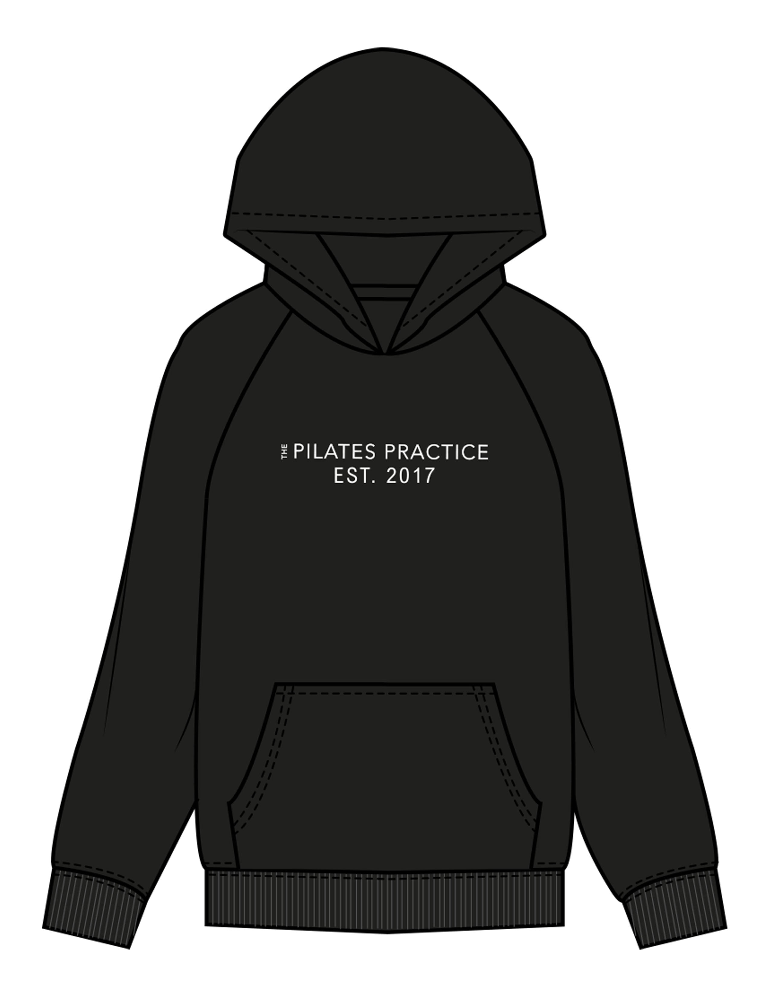 The Womens Hoodie - Black - Pilates Practice - Center Chest Stacked - Printed - White