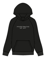 The Womens Hoodie - Black - Pilates Practice - Center Chest Stacked - Printed - White