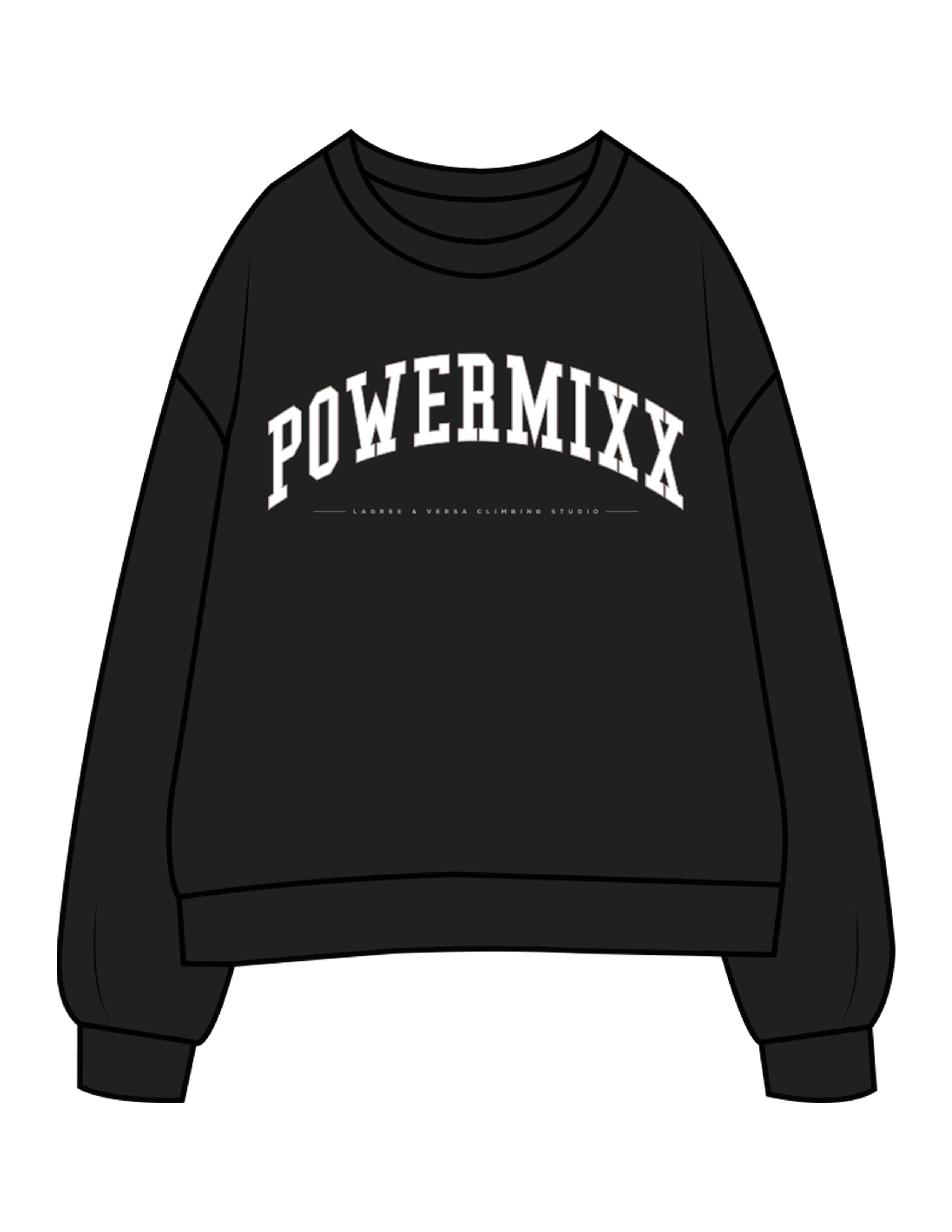 The Womens Crewneck - Black - PowerMixx - Center Chest Arc Stacked - Printed - Full Color