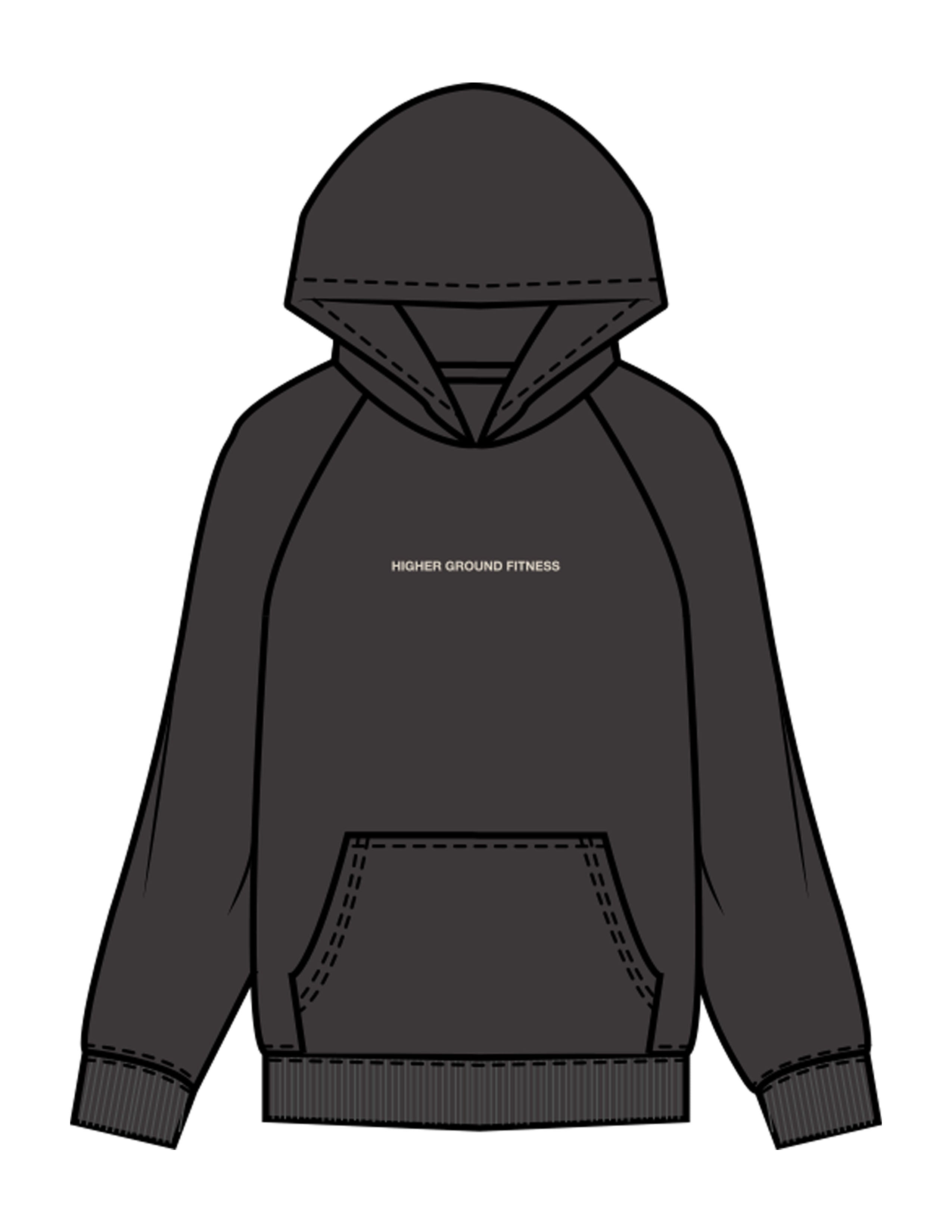 The Womens Hoodie - Washed Black - Higher Ground - Center Chest & Back Stacked - Printed - Off White