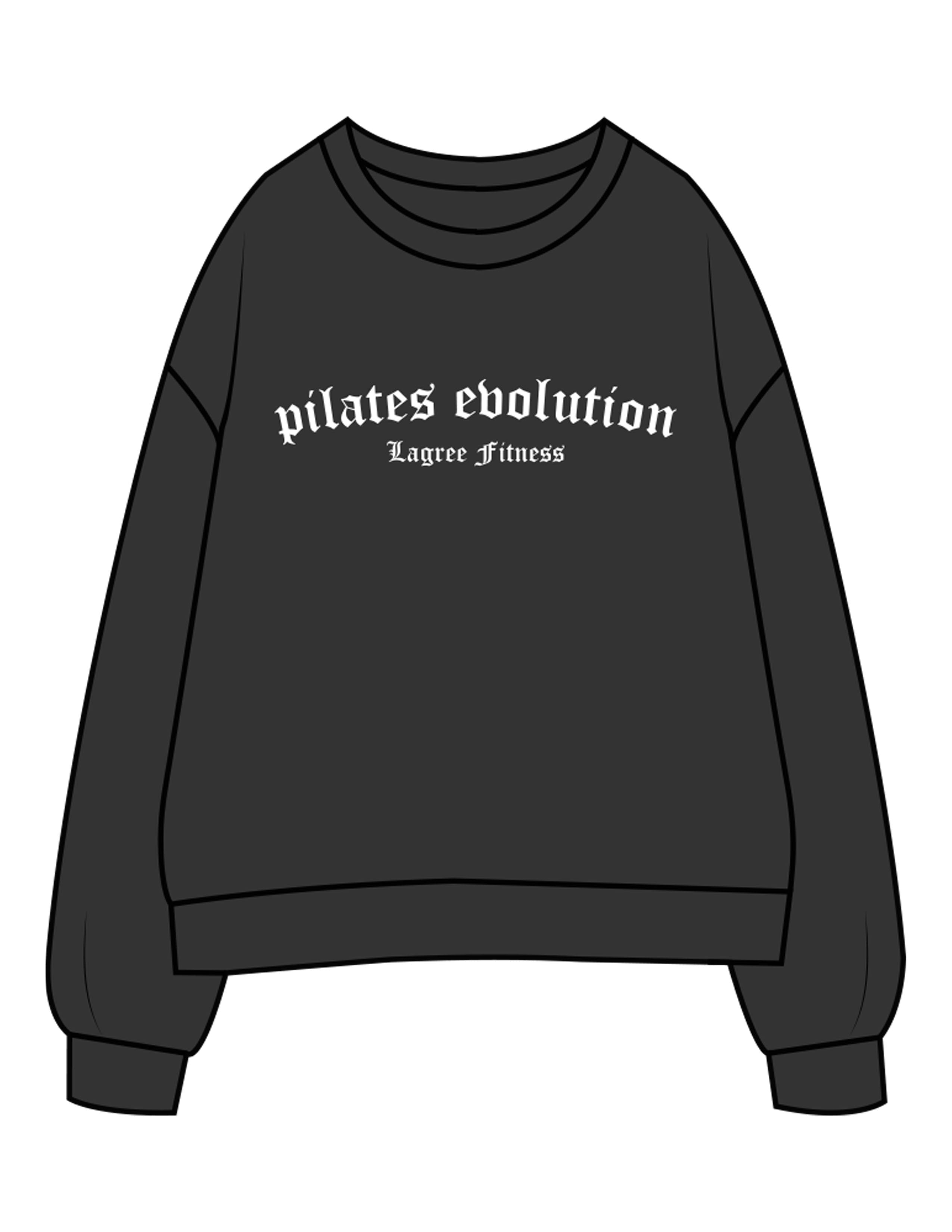 The Womens Crewneck - Washed Black - Pilates Evolution - Chest Arc Stacked - Printed - White