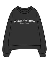 The Womens Crewneck - Washed Black - Pilates Evolution - Chest Arc Stacked - Printed - White