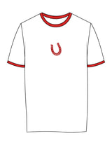 The Womens Ringer Tee - White / Red - Daybreak Church - Center Chest & Full Back - Printed - Red