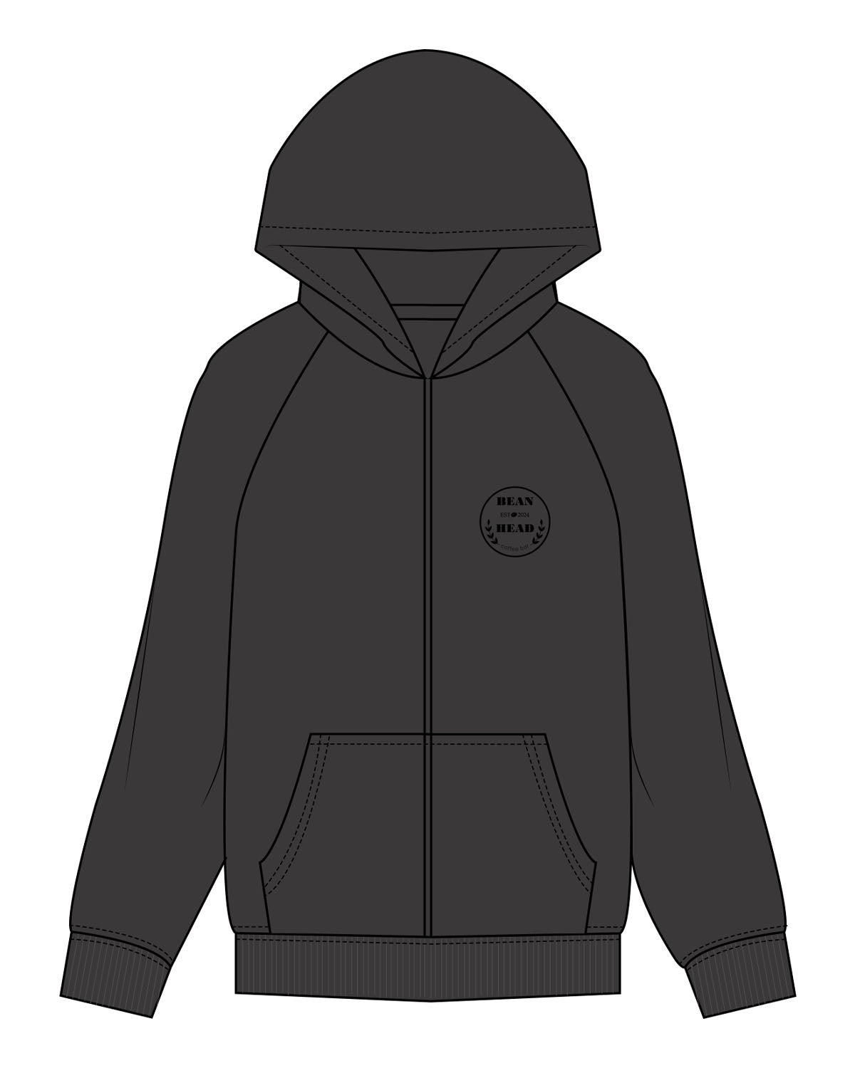 The Mens Zip Hoodie - Black - Bean Head - Left Chest Round - Embroidered - Black