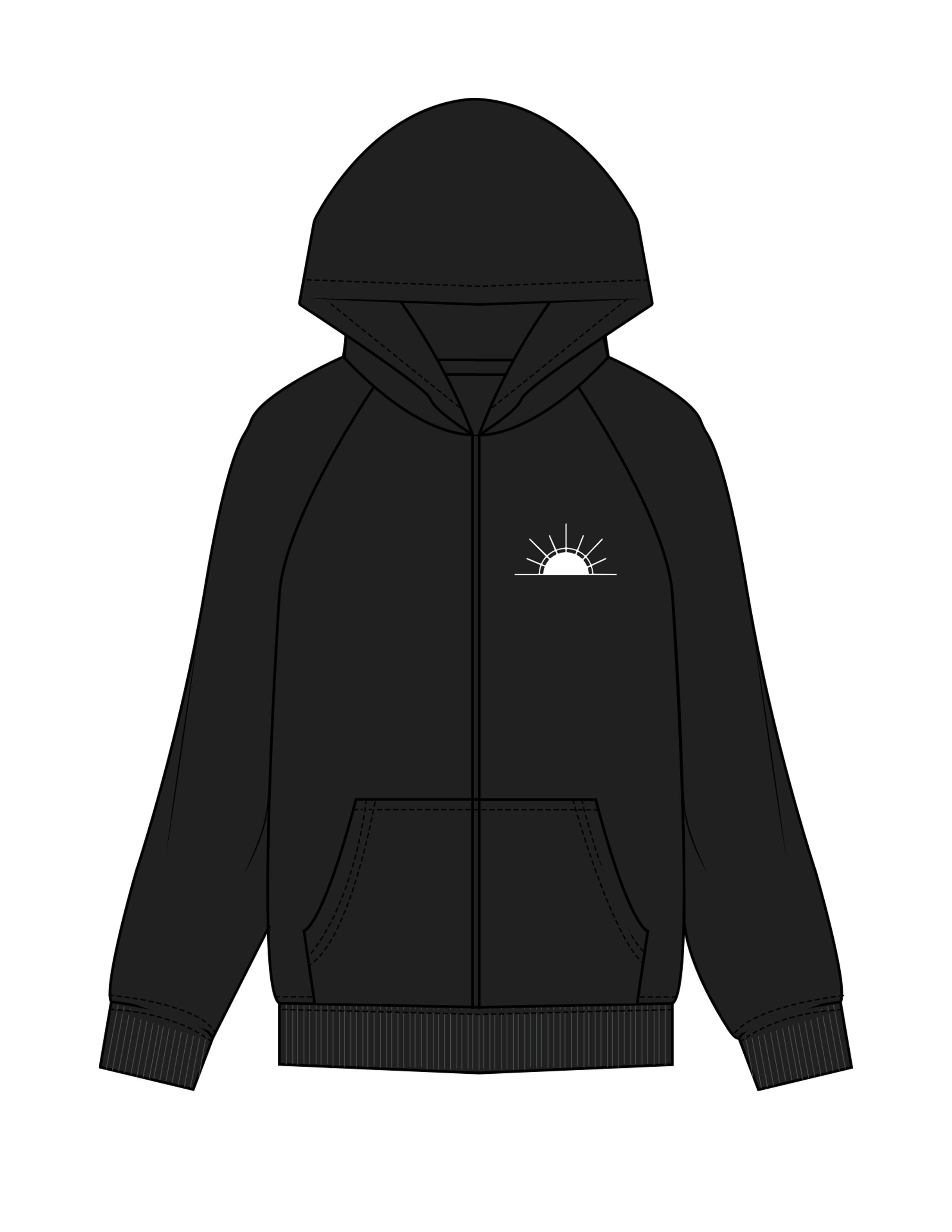 The Womens Zip Hoodie - Black - Rise Lagree - Left Chest "SUN" & Back Stacked - Printed - White