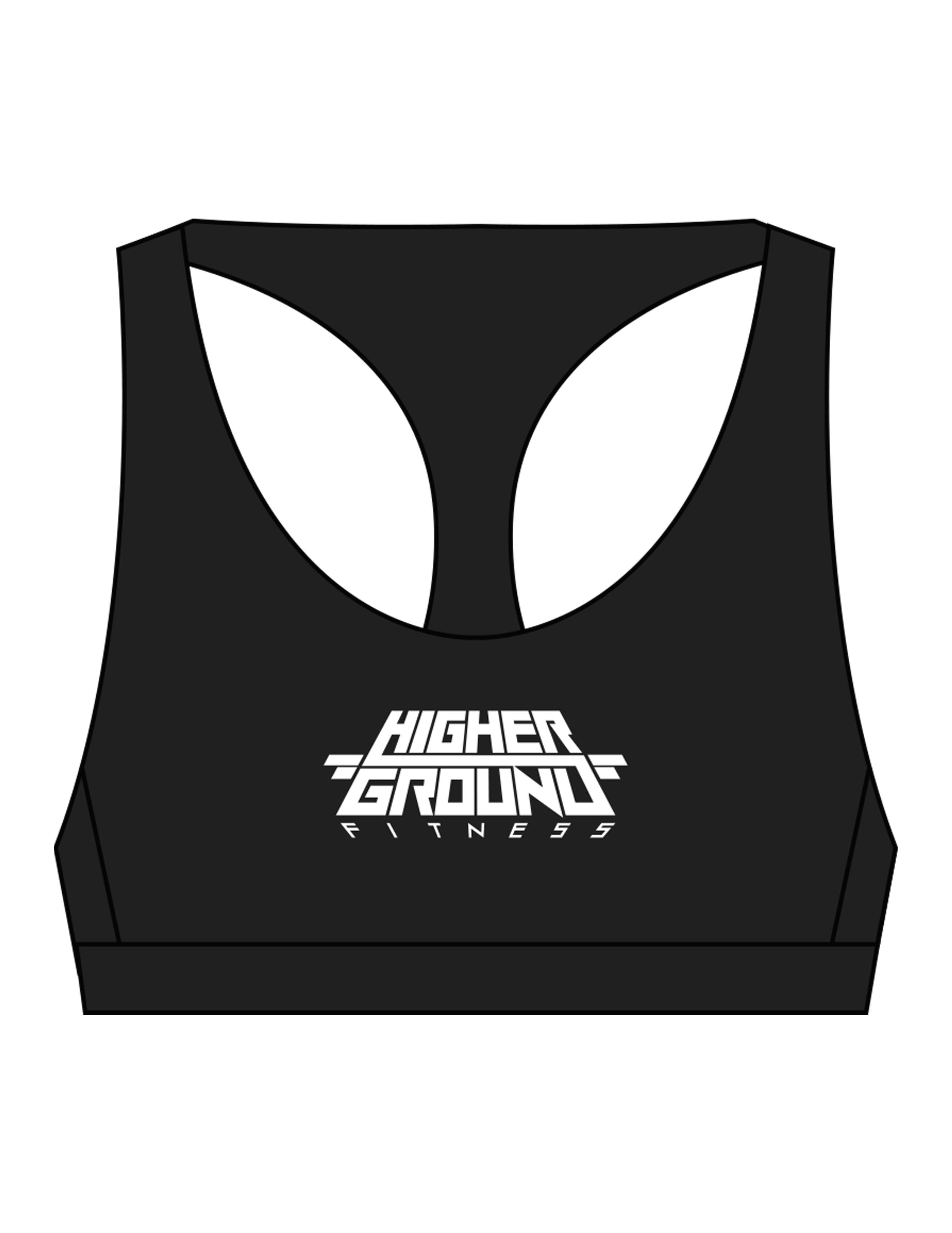 The Racer Bra - Black - Higher Ground - Center Chest Stacked - Printed - White
