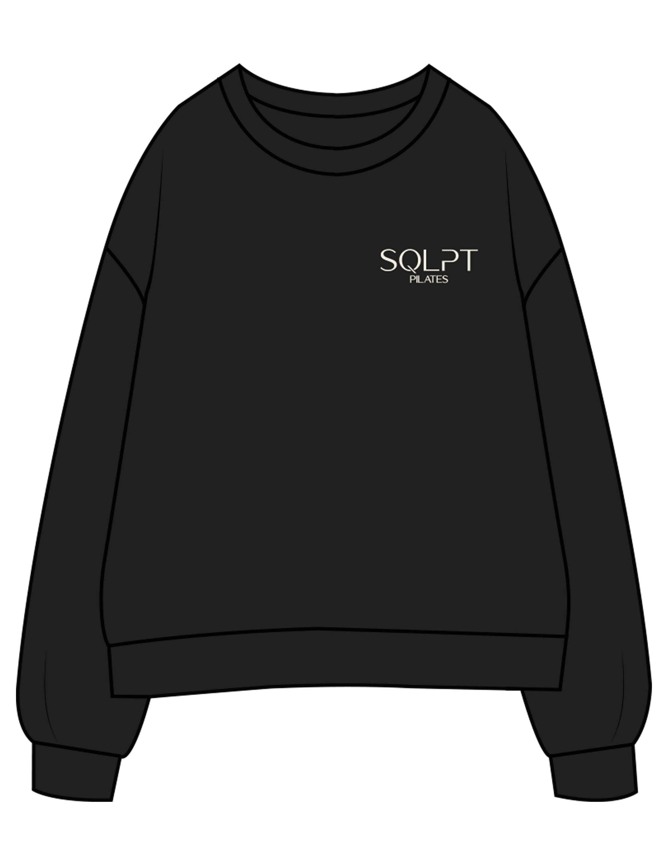 The Womens Crewneck - Black - SQLPT Pilates - Left Chest Embroidered & Back Stacked Printed - Off White