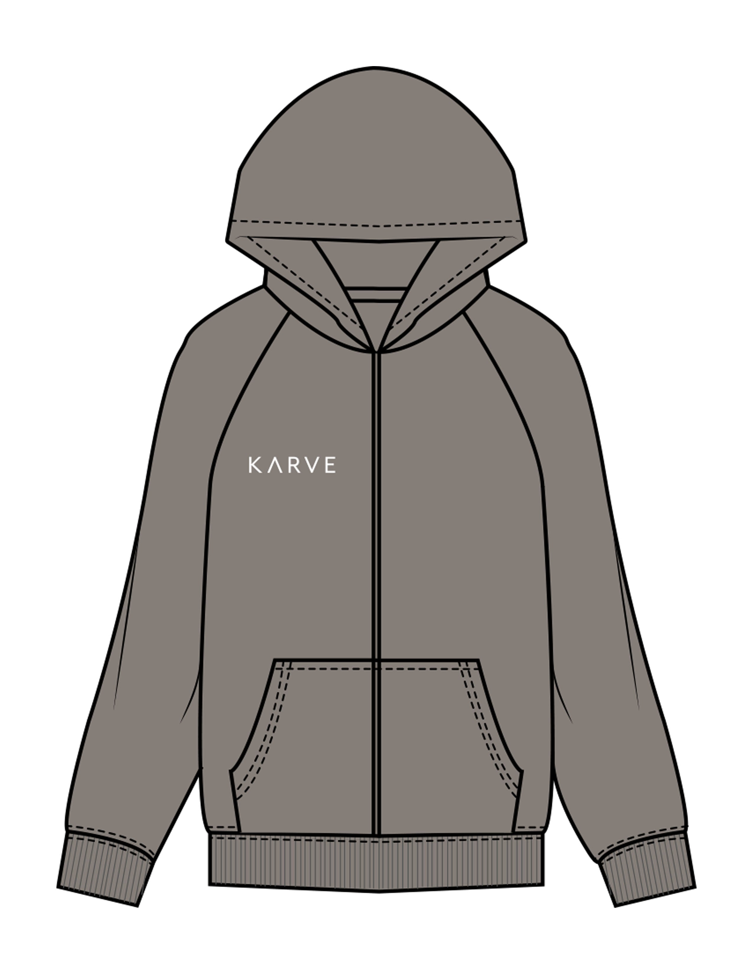 The Womens Zip Hoodie - Washed Gray - Karve - Right Chest & Back Image - Printed - White