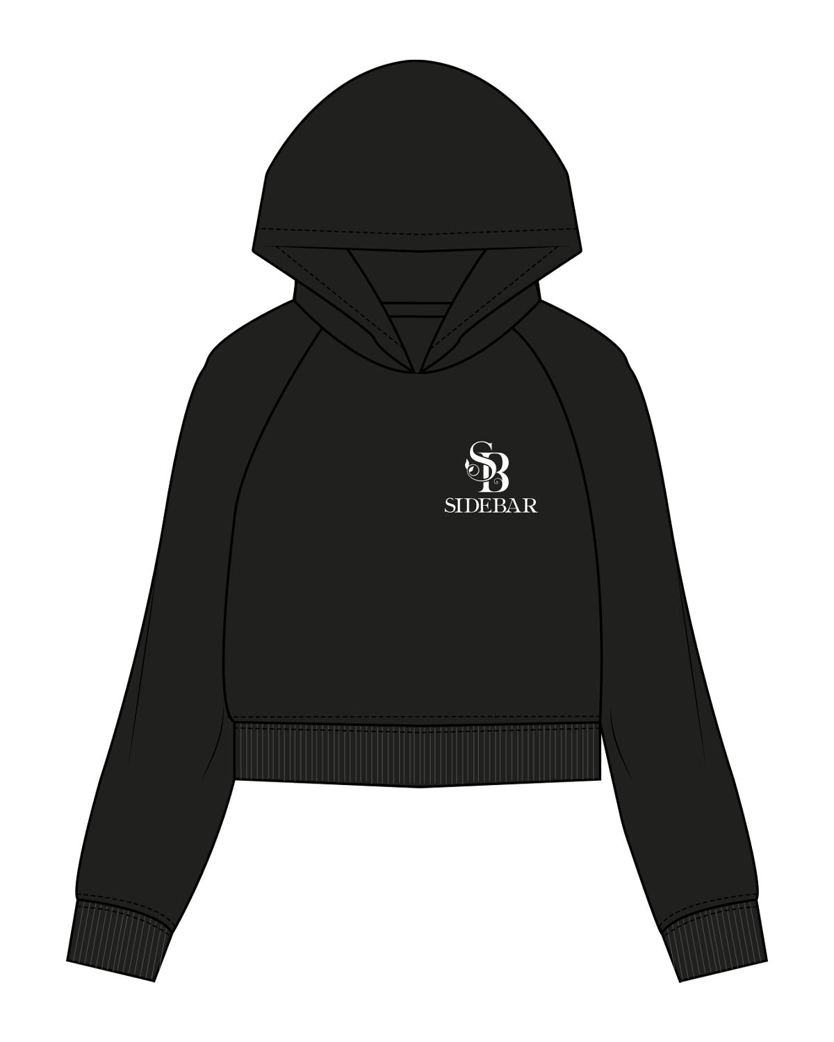 The Womens Crop Hoodie - Black - Sidebar - Left Chest & Center Back - Full Color