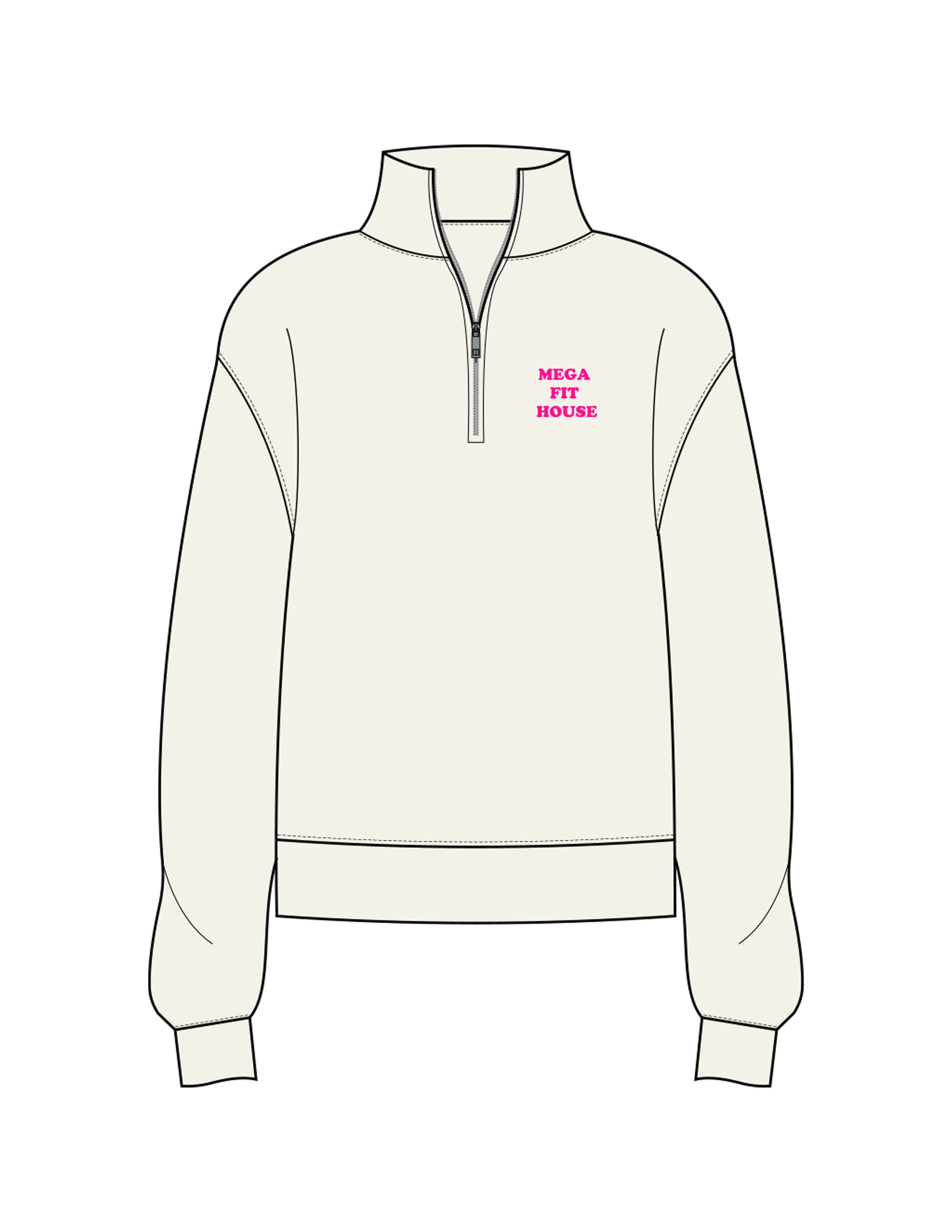 The Womens 1/4 Zip - Off White - Megafit House - Left Chest Stacked & Back Image - Printed - Hot Pink