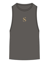 The Scoop Muscle Tank - Asphalt - Sol Lagree - Center Chest & Back Stacked - Printed - Full Color