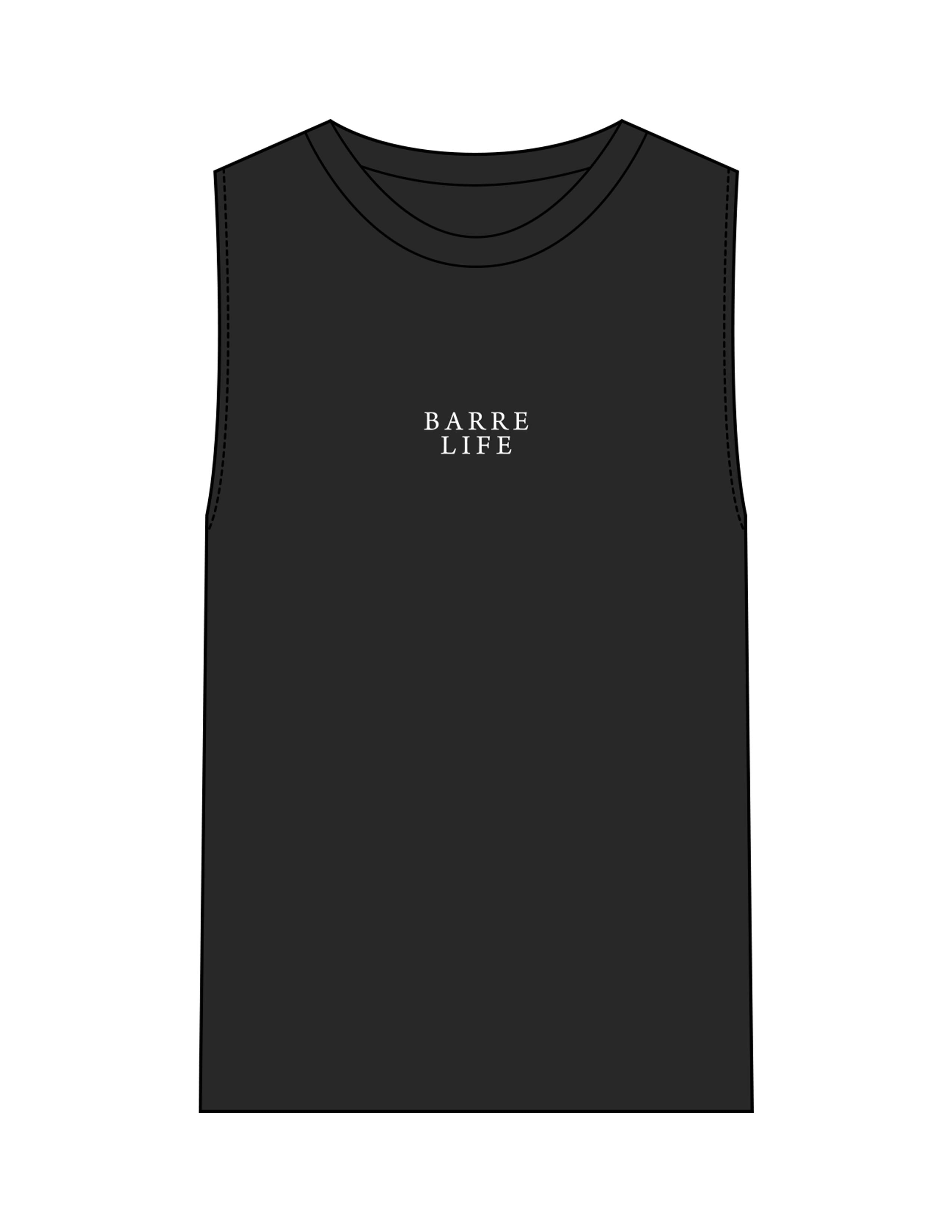 The Womens Heavyweight Tank - Washed Black - Barre Life - Center Chest Stacked - Printed - White