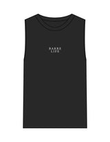 The Womens Heavyweight Tank - Washed Black - Barre Life - Center Chest Stacked - Printed - White