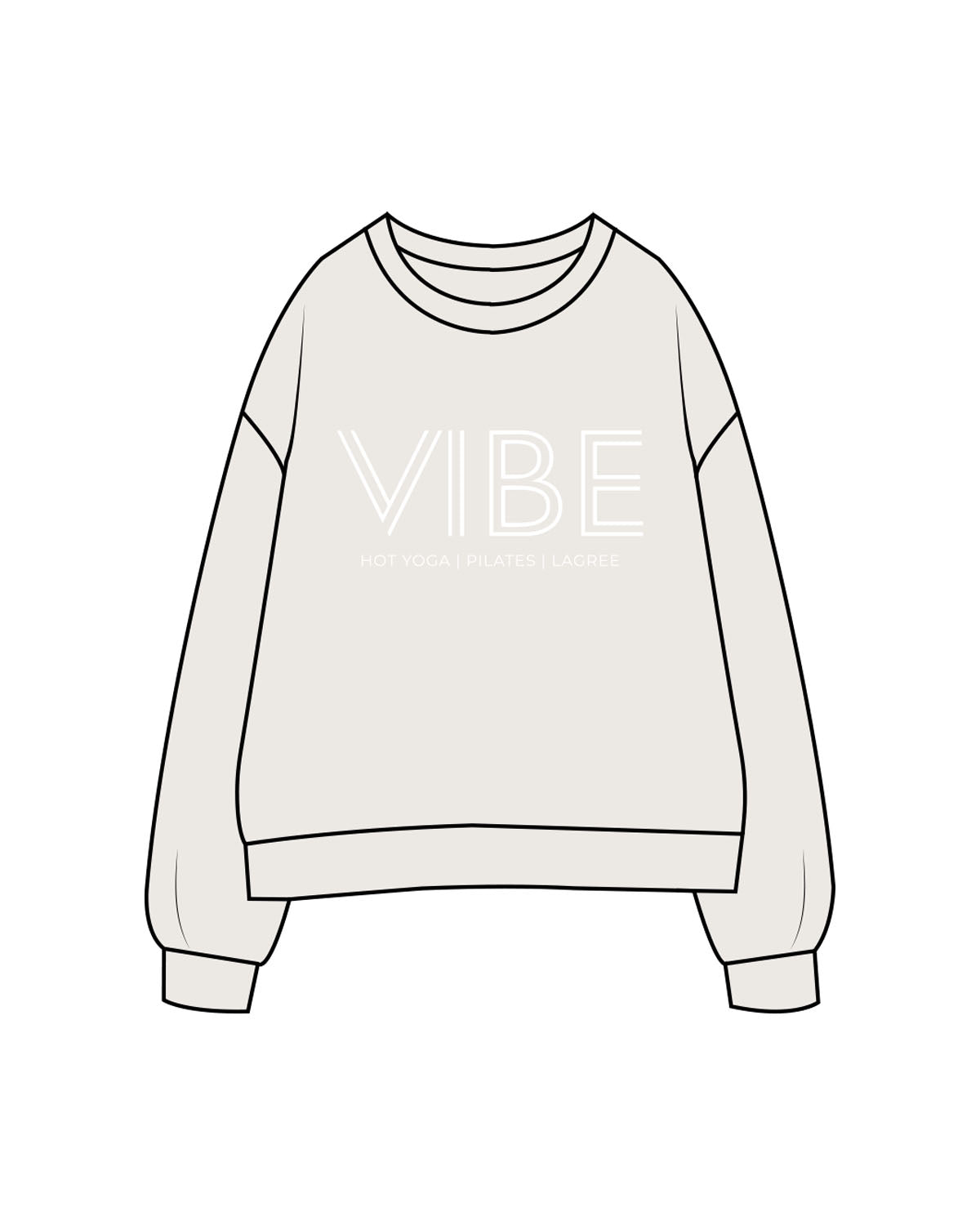 The Womens Crewneck - Bone - Vibe Hot Yoga & Pilates - Center Chest Stacked & Back Neckline - Printed - White