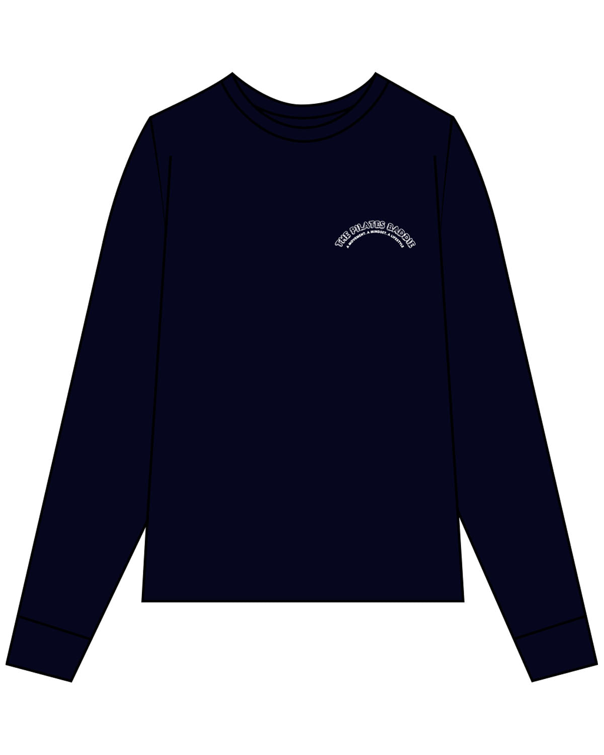 The Unisex Midweight Long Sleeve - Deep Navy - Pilates Baddie - Left Chest Arc - Printed - White