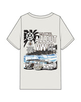 The Mens Heavyweight Tee - Washed Bone - VW Car Show - Left Chest Stacked - Back Stacked - "Vintage Cars & Beach" Logo - Printed - Full Color