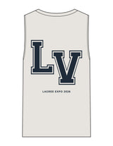 The Womens Heavyweight Tank - Washed Bone - Lagree Fit Expo 2026 Collegiate - Left Chest Stacked & Back Stacked - Printed - Navy