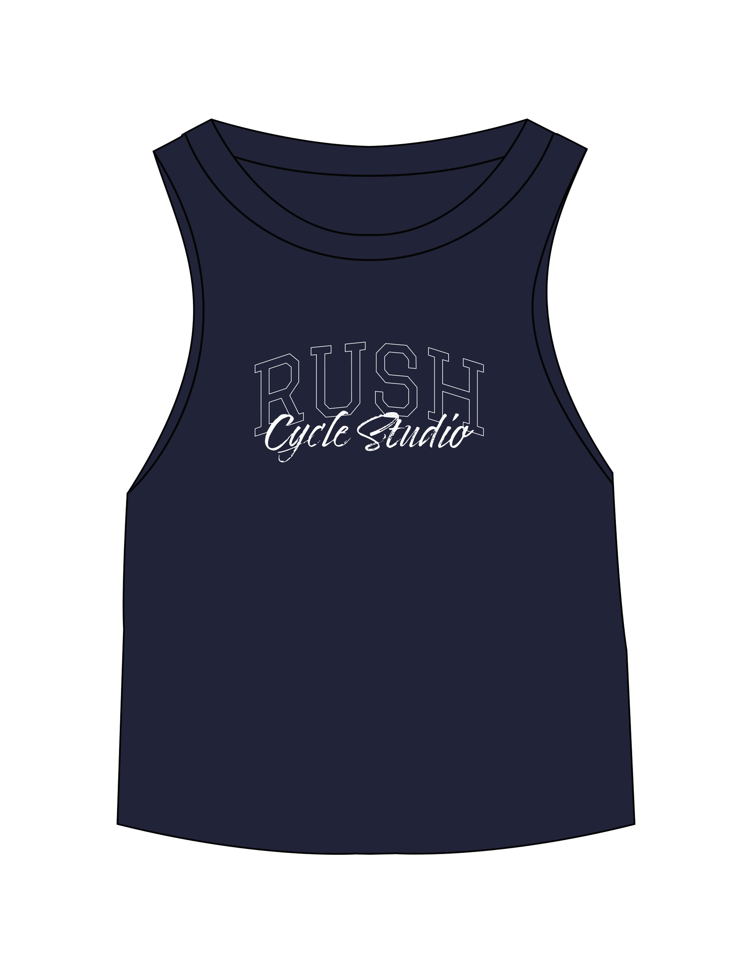 The Micro Rib Racer Crop - Navy - Rush Cycle Studio - Center Chest Stacked - Printed - White
