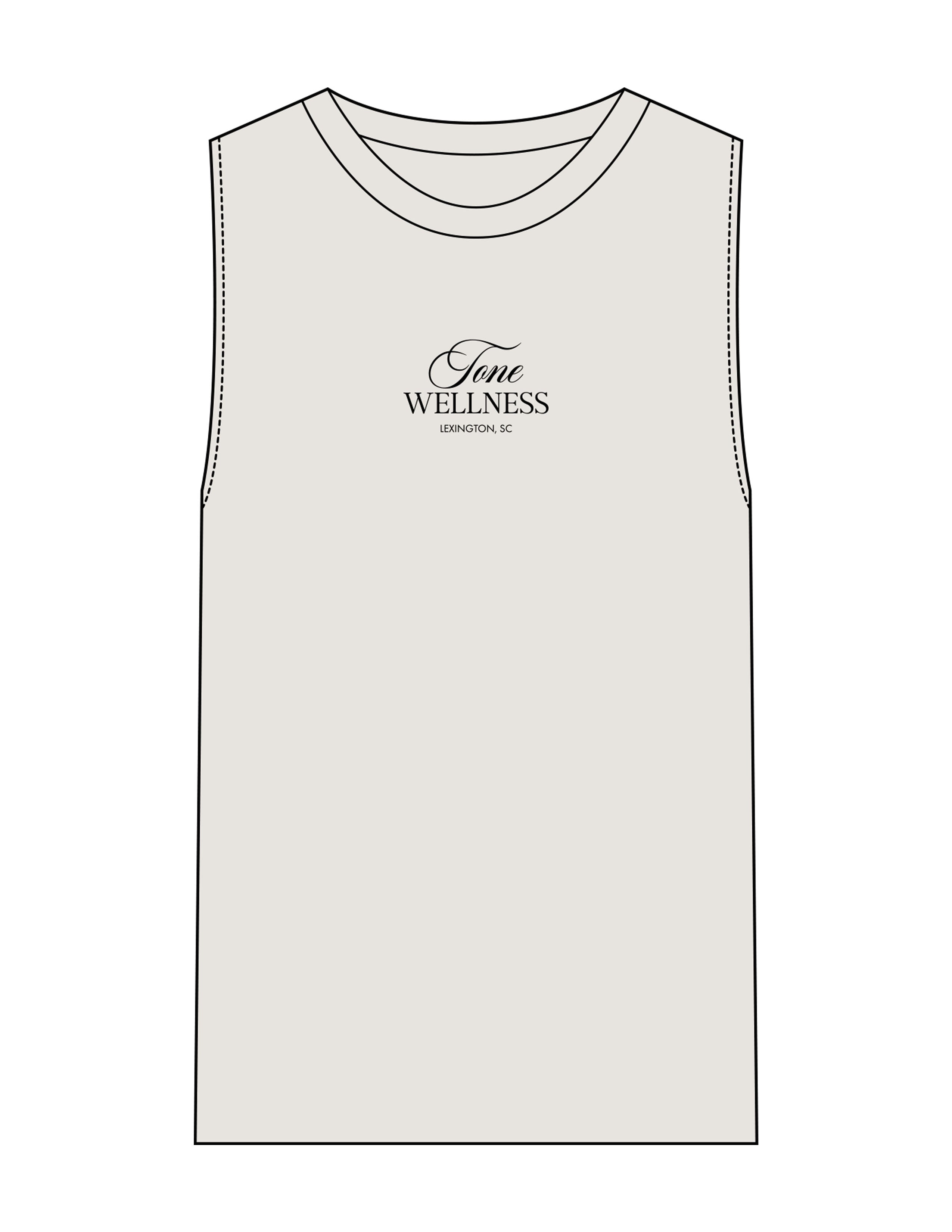 The Womens Heavyweight Tank - Washed Bone - Tone Wellness Studio - Center Chest Stacked - Embroidered - Black