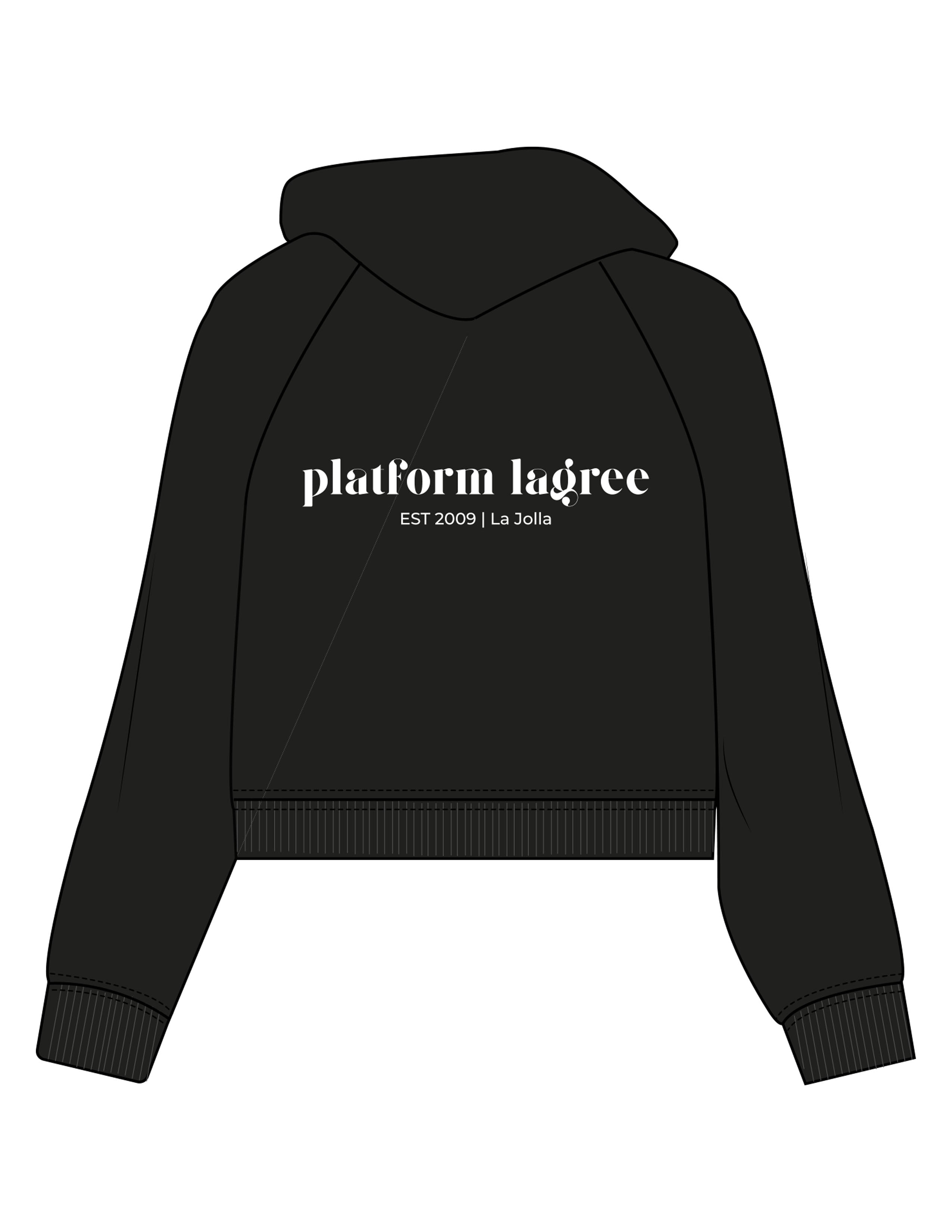 The Womens Crop Hoodie - Black - Platform - Center Chest Stacked & Back Stacked - Printed - White