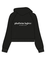 The Womens Crop Hoodie - Black - Platform - Center Chest Stacked & Back Stacked - Printed - White