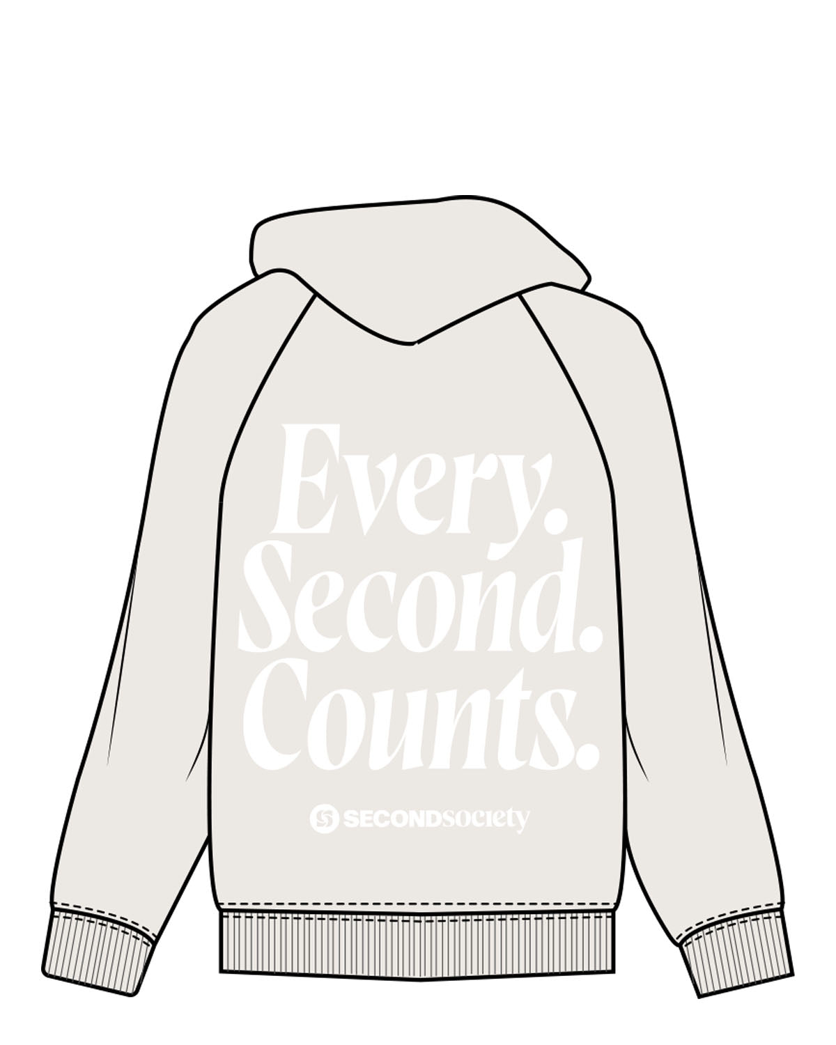 The Mens Hoodie - Bone - Second Society - Left Chest Icon - Back Center Stacked - Every Second Counts - White