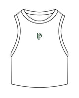 The Ribbed Crop Tank - White - Pose Pilates - Center Chest - "PP" - Embroidered - Dark Green