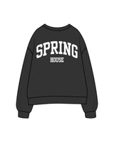 The Womens Crewneck - Washed Black - Spring House - Left Chest & Back Stacked "SPRING HOUSE" - Printed - White