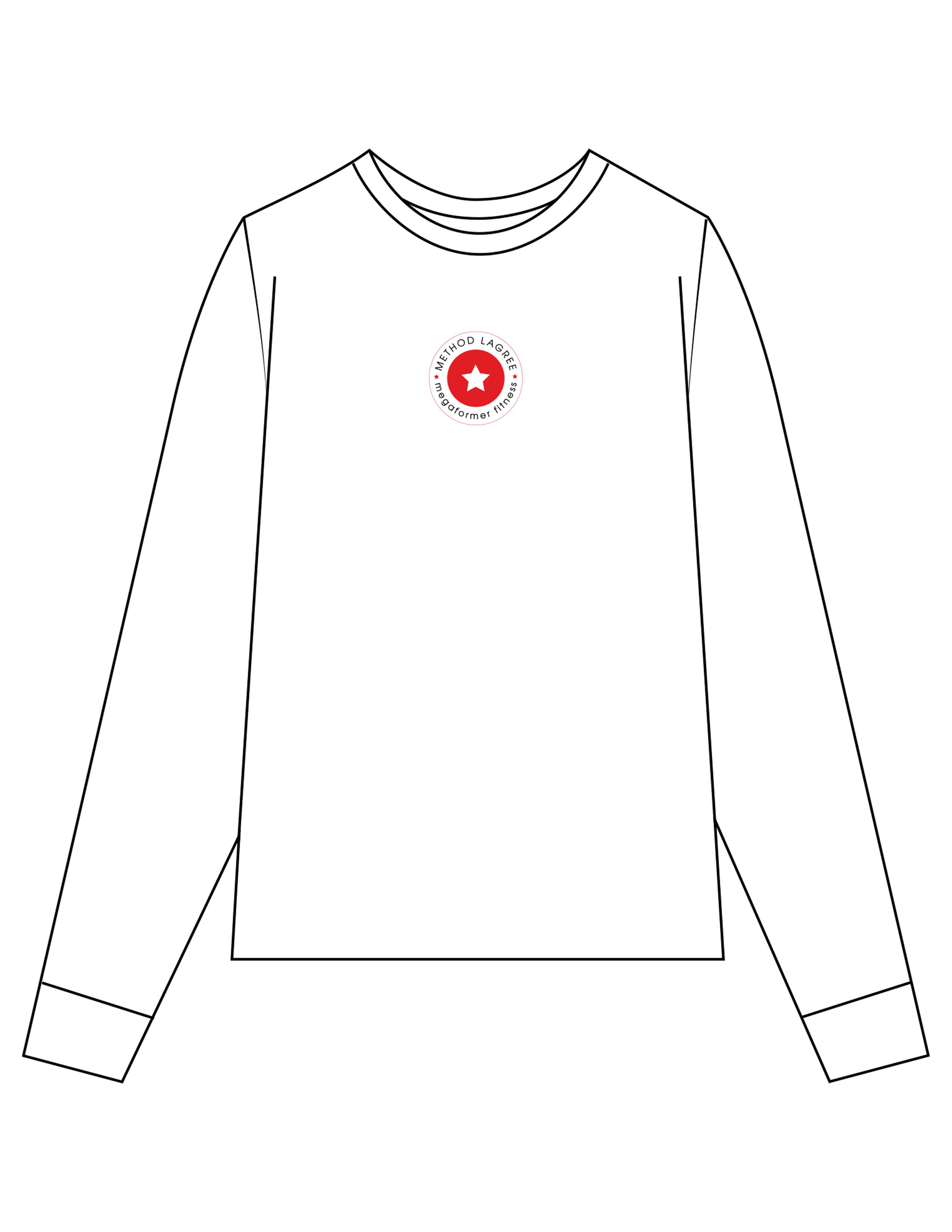 The Womens Long Sleeve - White - Method Lagree - Center Chest Round - No BG -  Center Back - Printed - Full Color