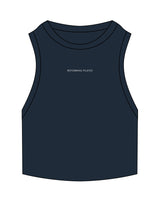 The Ribbed Crop Tank - Navy - Reforming Pilates - Center Chest - White