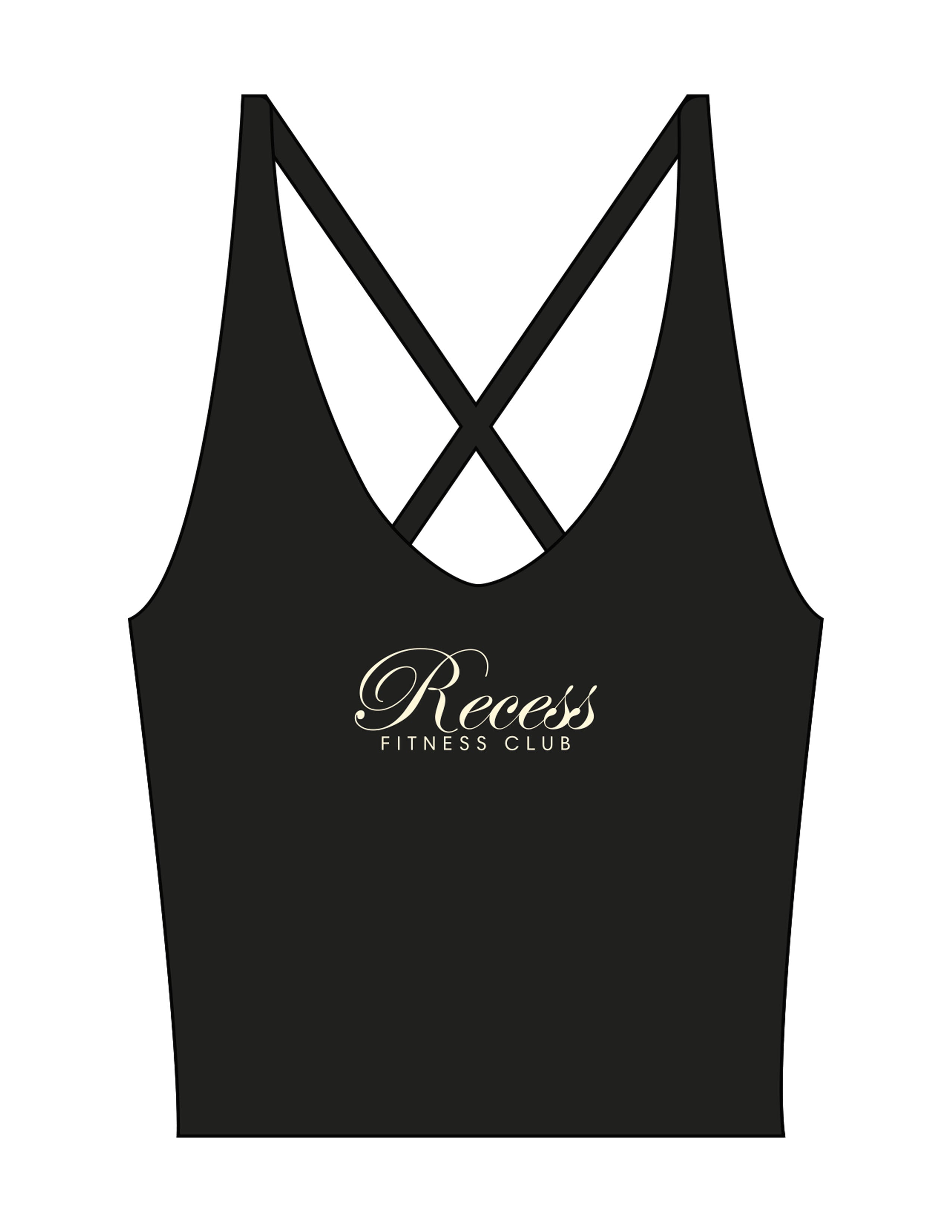 The Sporty Strappy Tank - Black - Recess Fitness - Center Chest Stacked - Printed - Cream