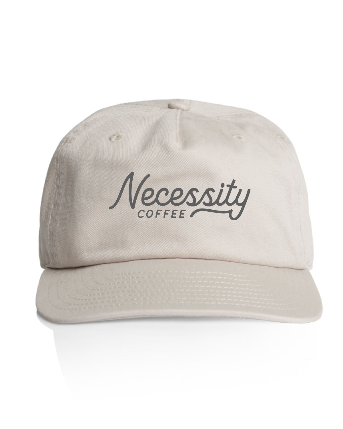 The Class 5 Panel Cap - Bone - Necessity Coffee - Center Stacked - Embroidered - Charcoal