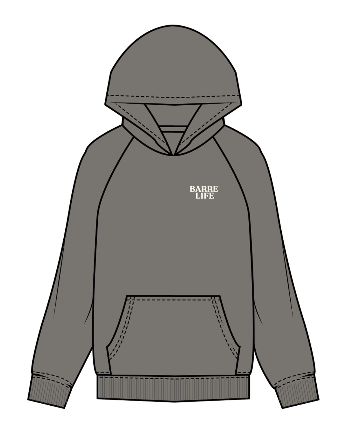 The Mens Hoodie - Washed Gray - Barre Life - Left Chest - Back Center - Printed - Off White