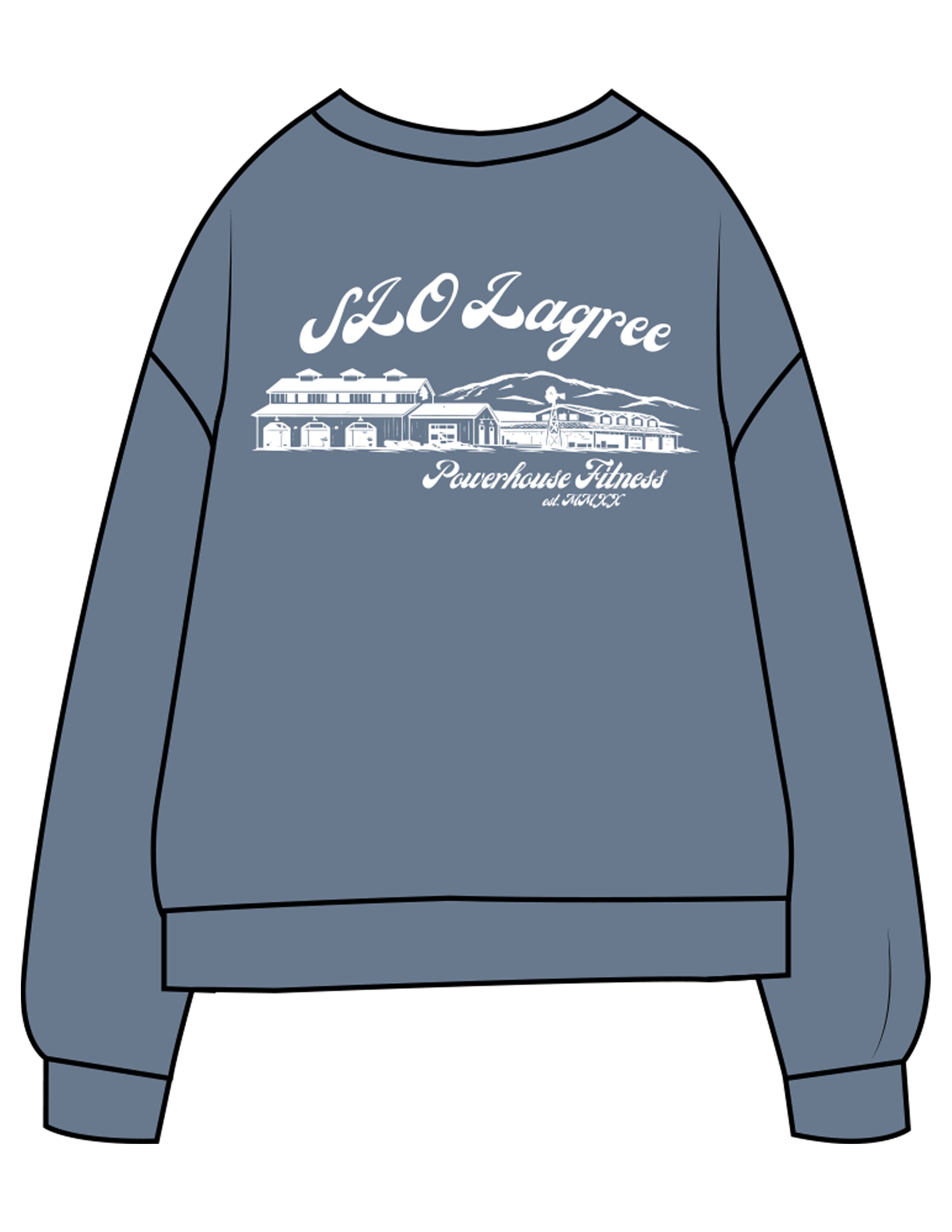 The Midweight Unisex Crewneck - Washed Slate - Powerhouse Fitness - Left Chest EMB & Back Stacked "LAGREE" Printed - White