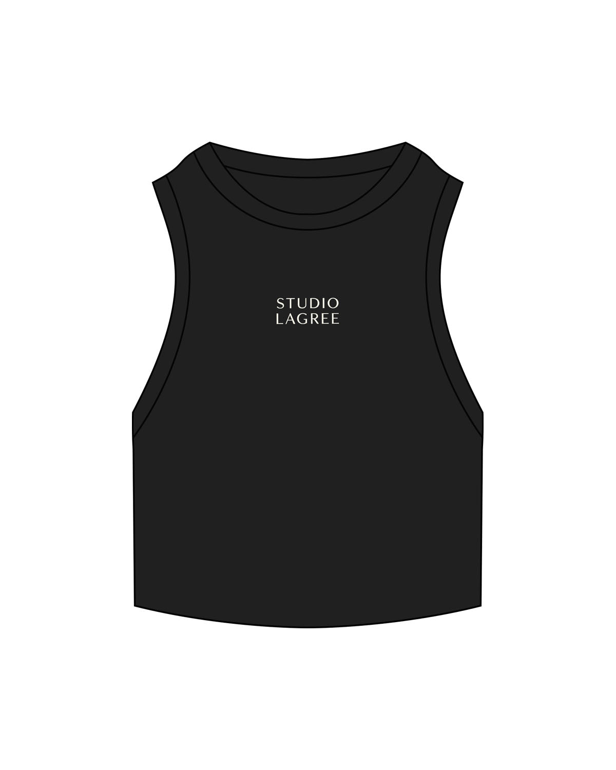 The Ribbed Crop Tank - Black - Studio Lagree - Center Chest - Embroidered - Off White