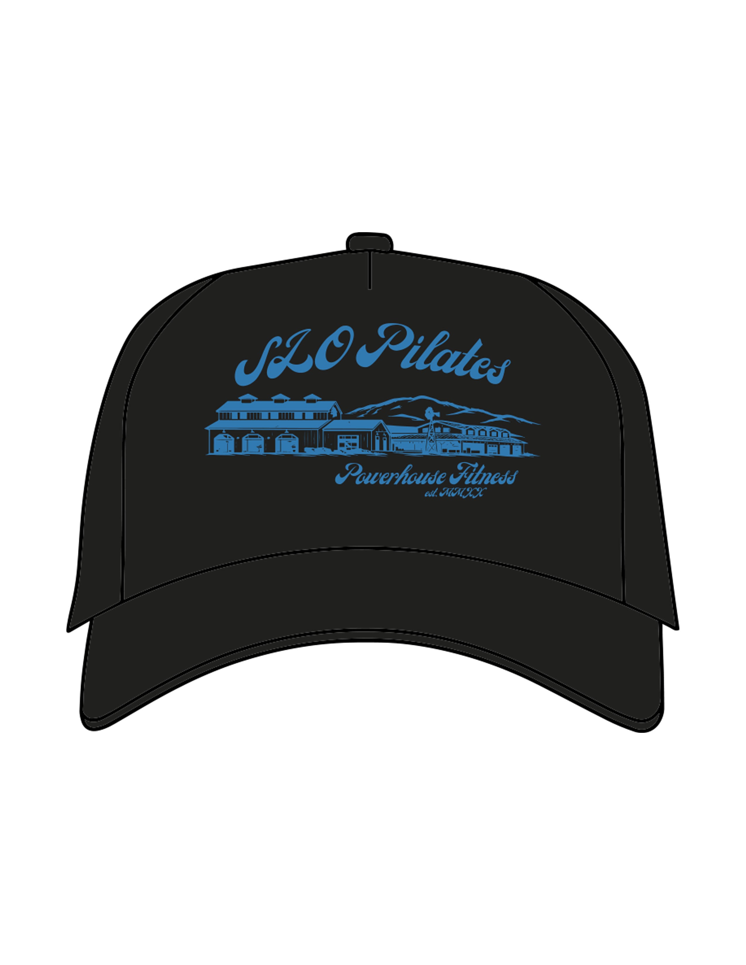 The Foam Trucker - Black - Powerhouse Fitness - Center Crown "PILATES" - Printed - Blue