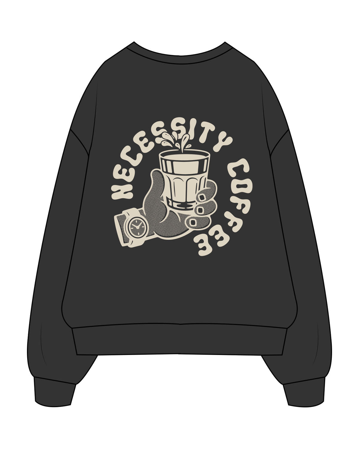 The Mens Classic Crewneck - Charcoal - Necessity Coffee - Left Chest & Back Image - Printed- Off White