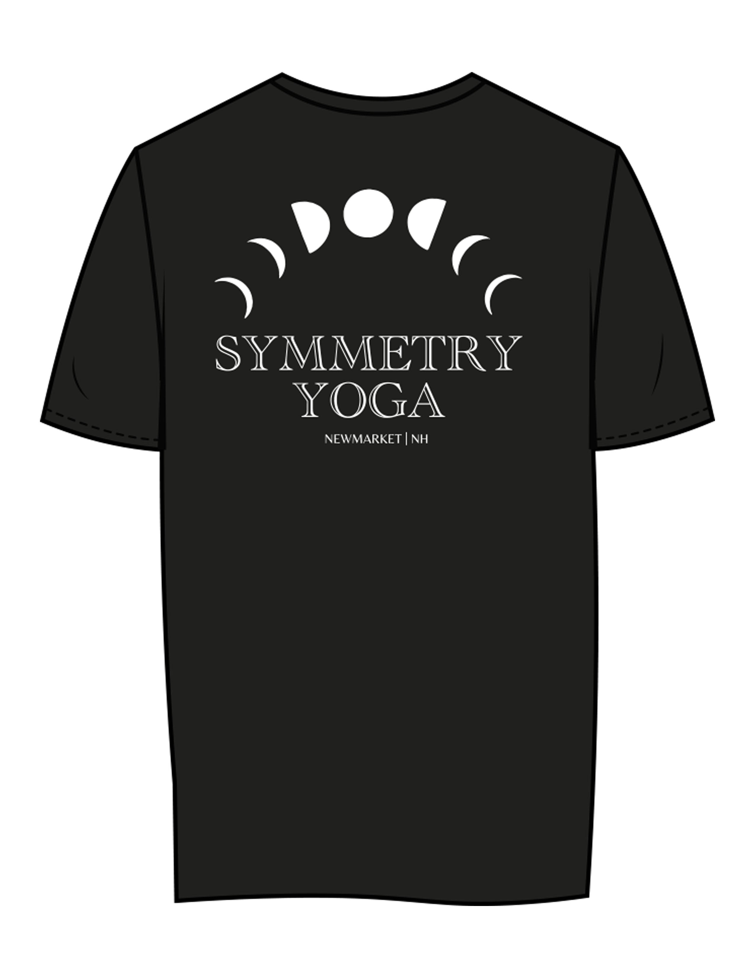 The Womens Tee - Black - Symmetry Yoga - Left Chest & Back Stacked - Printed - White
