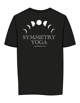 The Womens Tee - Black - Symmetry Yoga - Left Chest & Back Stacked - Printed - White