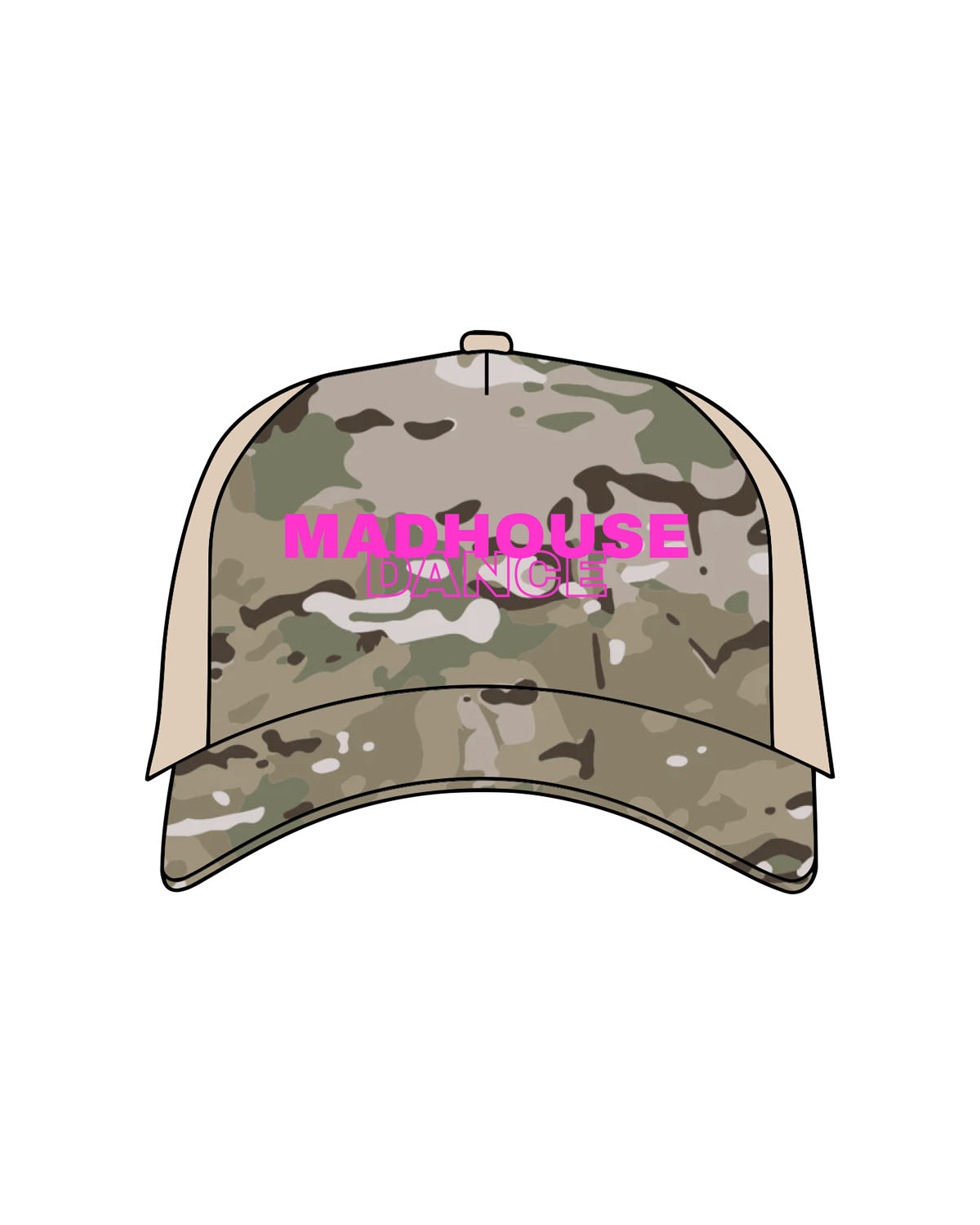 The Trucker Hat - Camo / Sand - Mad House - Center Crown  - Embroidered - Hot Pink