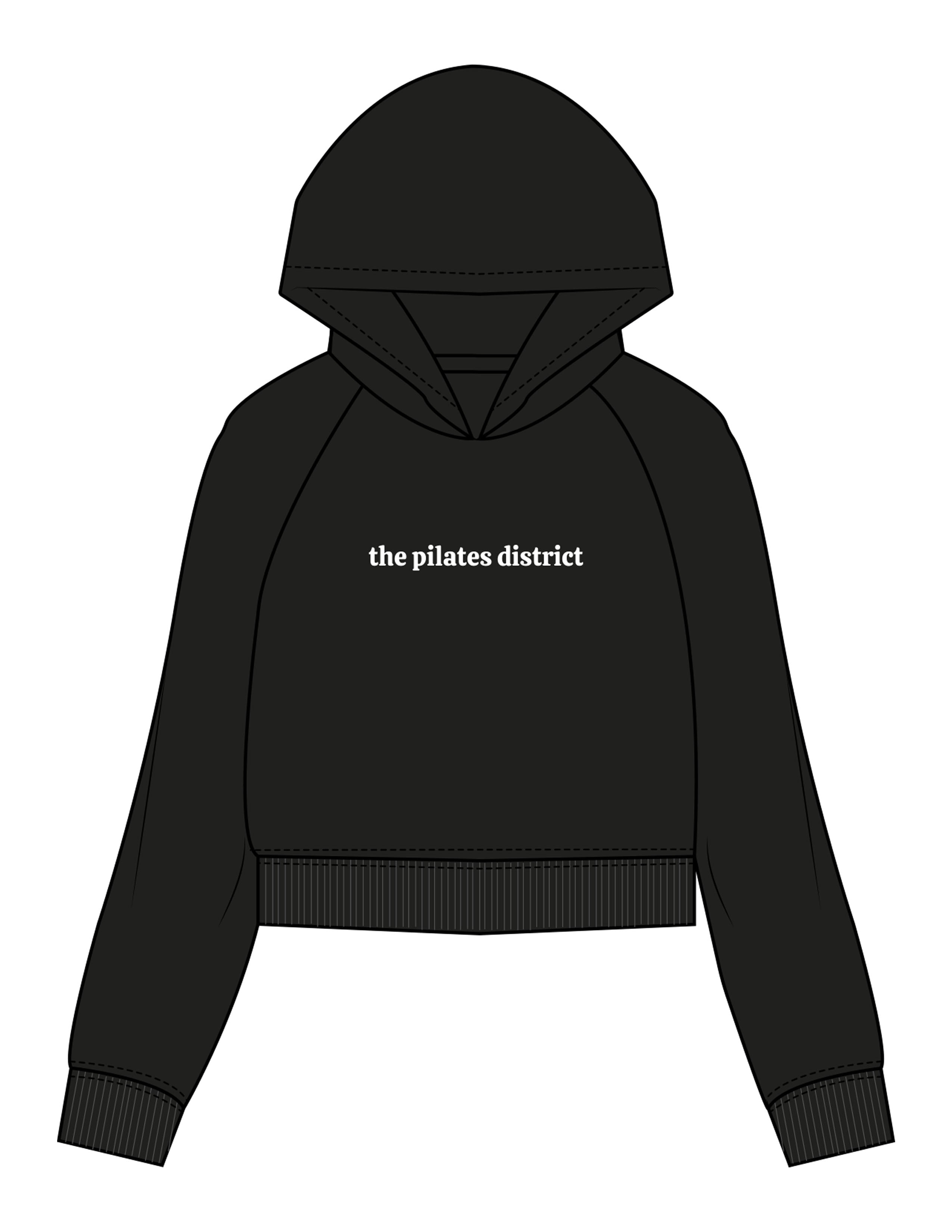 The Womens Crop Hoodie - Black - THE PILATES DISTRICT - Center Chest - Printed - White