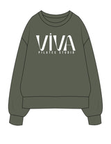 The Mens Crewneck - Cypress - Viva Pilates - Center Chest Stacked - Printed - White