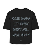 The Oversized Crop Tee - Black - Primarie Pilates - Center Chest & Back Stacked - Printed - Blue Gray